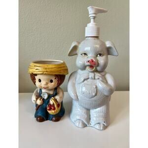Vintage Ceramic Pig Soap Dispenser and Gardener Planter Pot Made in Japan